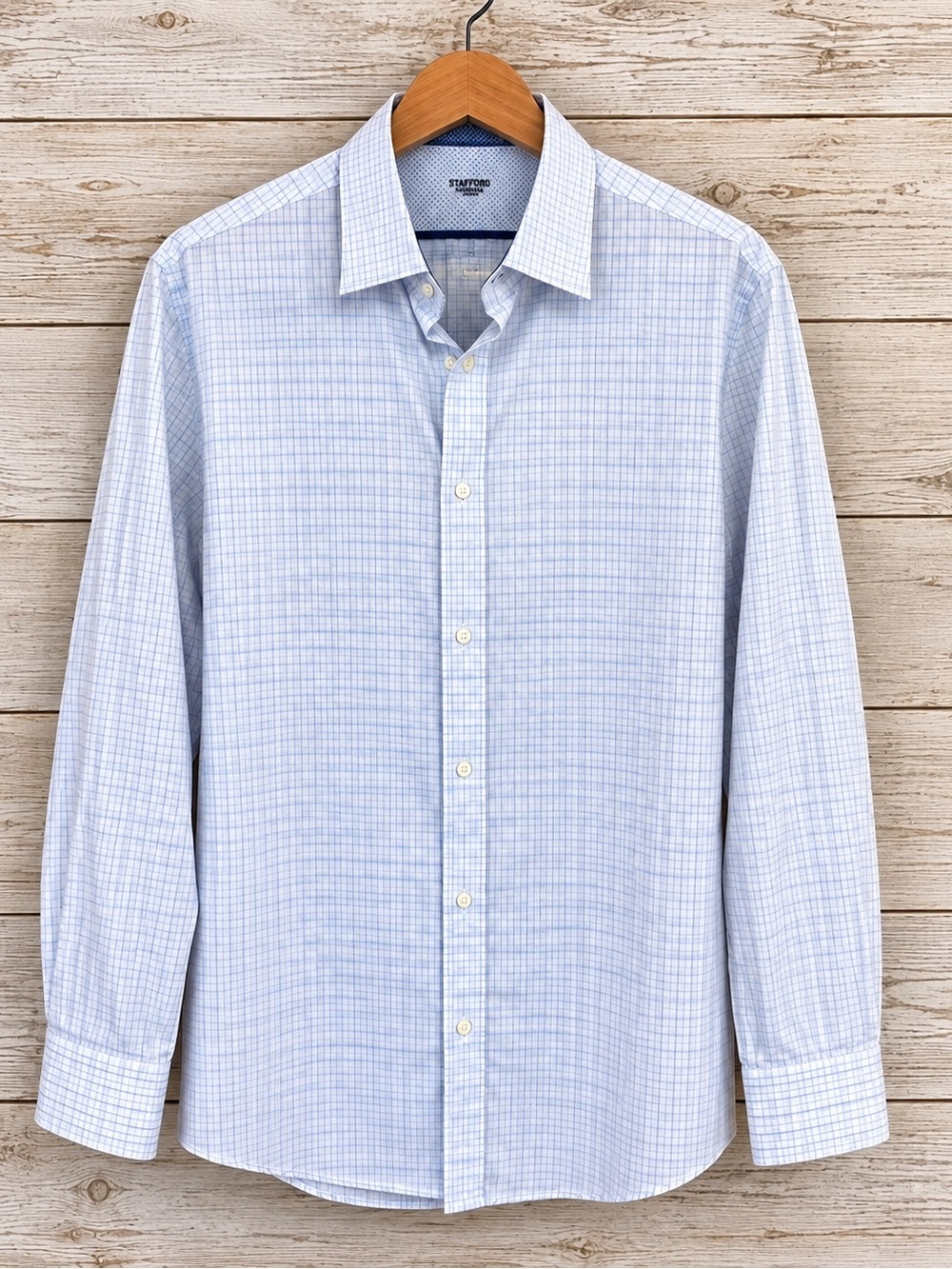 Bugatchi Uomo Men’s Shaped Fit Dress Shirt 17.5 34/35 Blue White 100% Cotton
